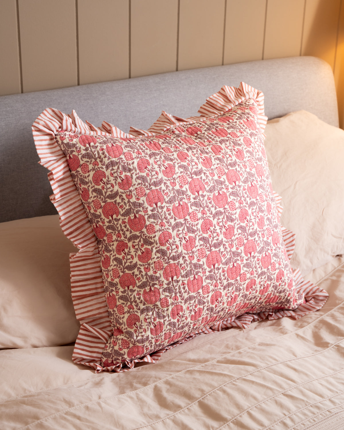 Block Print Pink Quilted Cushion 45cm