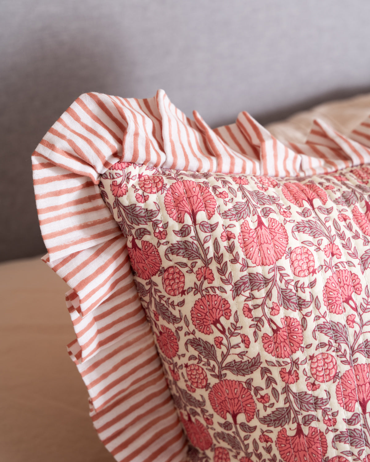 Block Print Pink Quilted Cushion 45cm