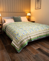 Block print hand made Quilted Bedspread - Green/blue