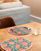 Traditional block print Red floral round table mat with frill S/6