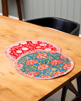 Traditional block print Red floral round table mat with frill S/6