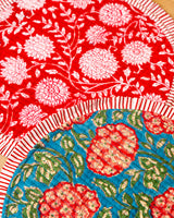 Traditional block print Red floral round table mat with frill S/6