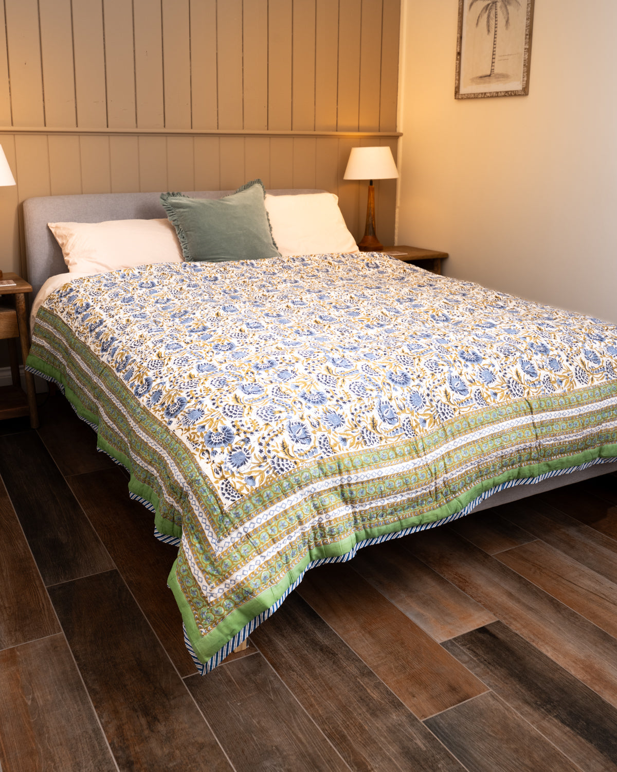 Block print hand made Quilted Bedspread - Green/blue