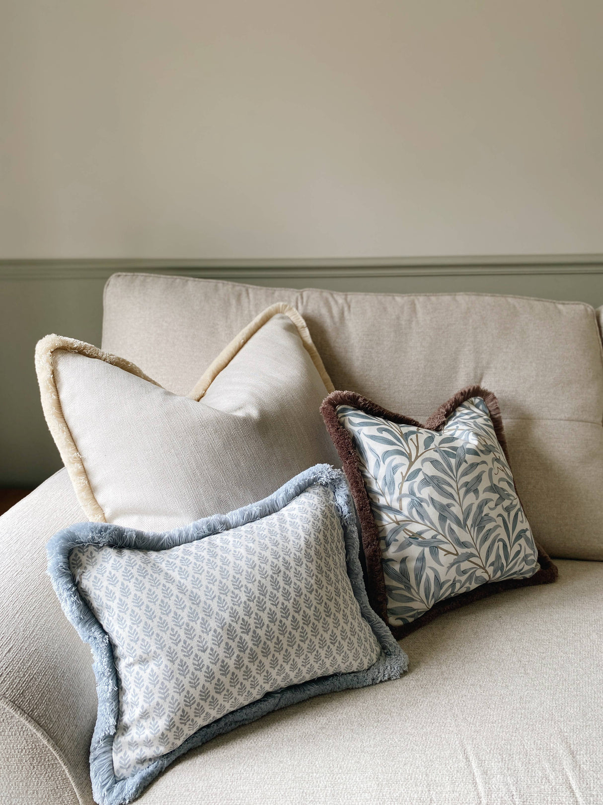 The Florrie Blue Block Print Leaf Fringed Cushion
