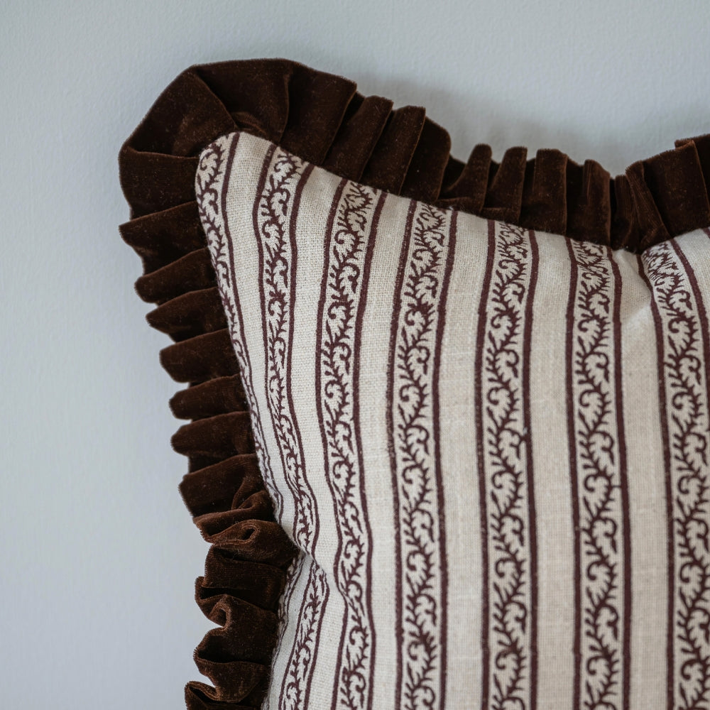 Ada Dark Brown Stripe Velvet Scalloped Edge Cushion 45cm
