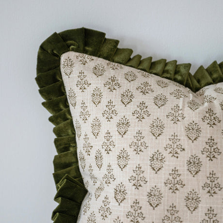 Ada Olive Print Velvet Scalloped Edge Cushion 45cm