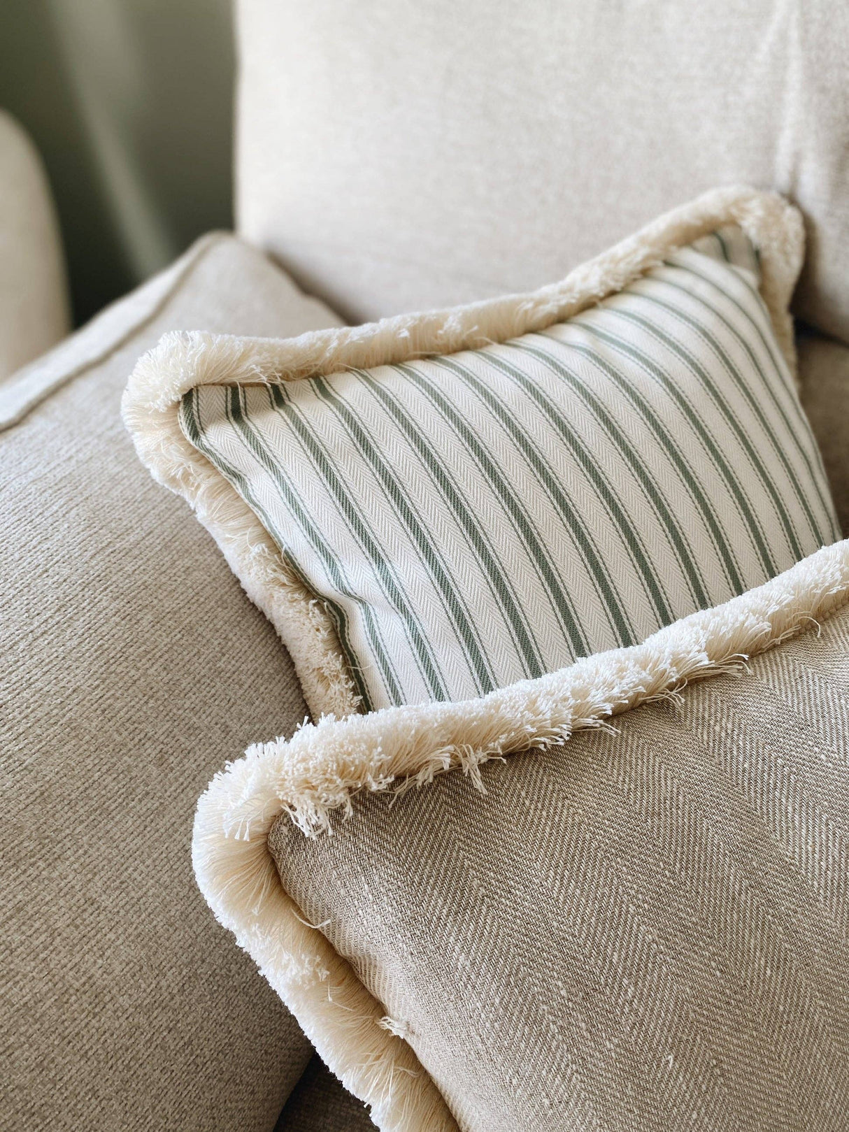 The Tilly Beige Linen Herringbone Fringed Cushion/2 Sizes