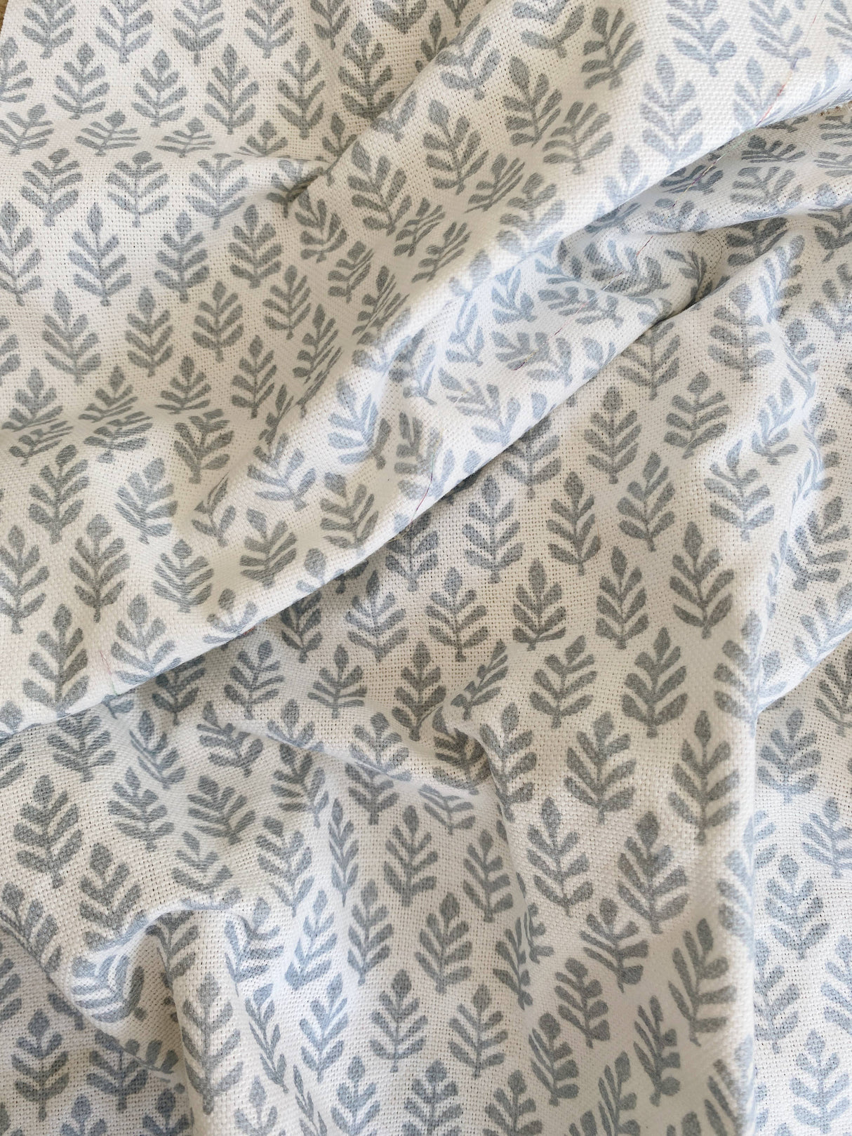 The Florrie Blue Block Print Leaf Fringed Cushion