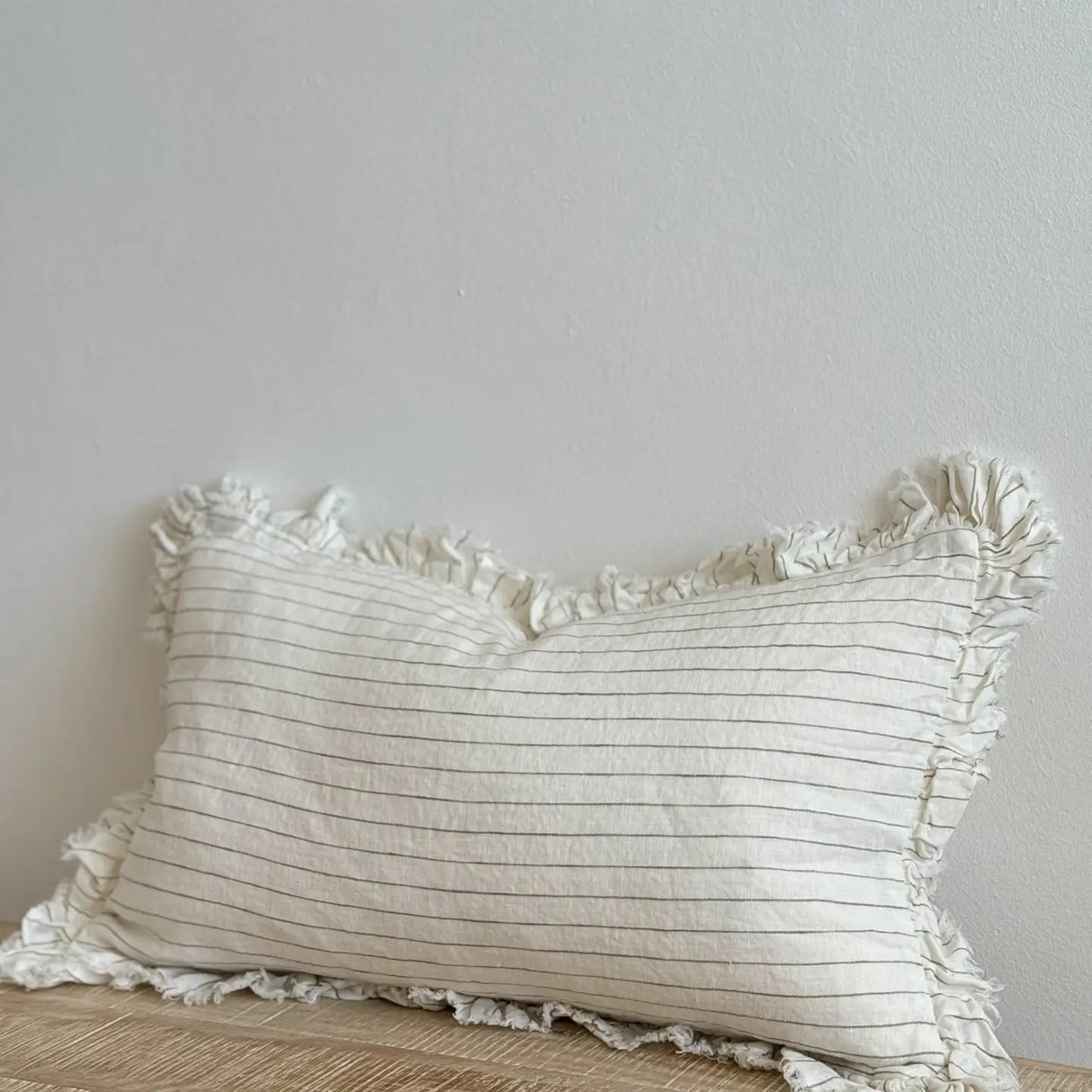 Hallie Ruffled Linen Cushion 50x30 – Olive Pinstripe