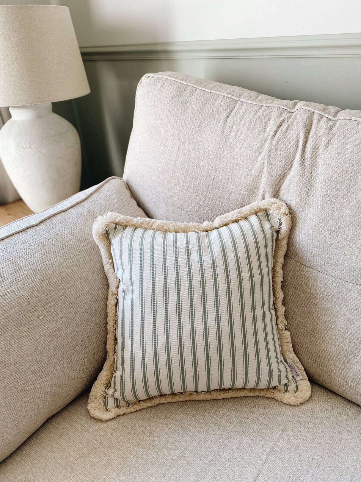 The Riley Green Ticking Stripe Fringed Cushion