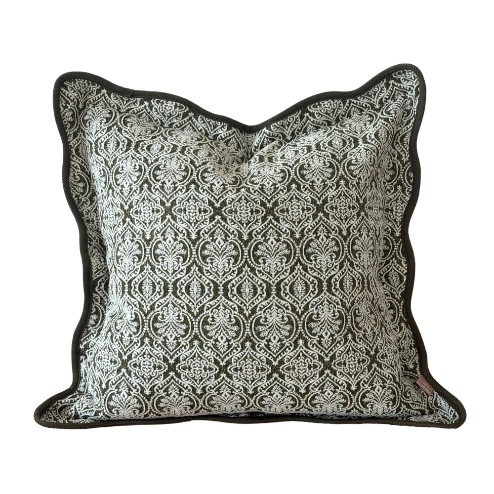 Chloe Olive Print Scalloped Edge Cushion - 2 Sizes