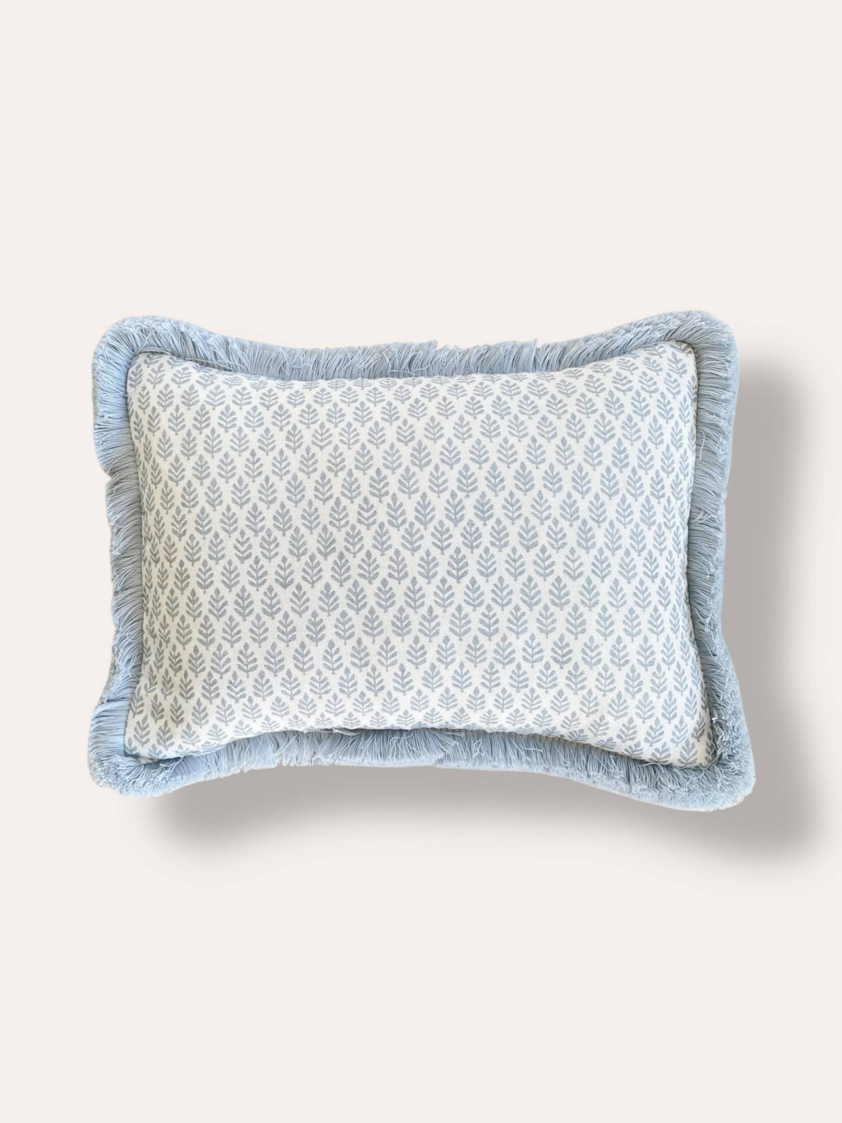 The Florrie Blue Block Print Leaf Fringed Cushion