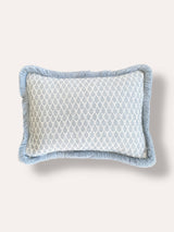 The Florrie Blue Block Print Leaf Fringed Cushion