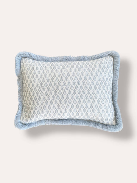The Florrie Blue Block Print Leaf Fringed Cushion