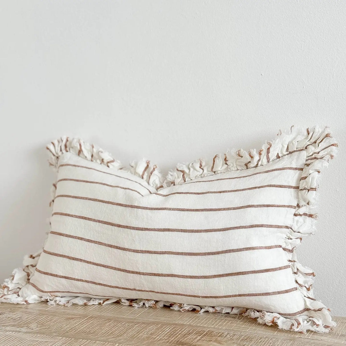 Hallie Ruffled Linen Cushion 50x30cm – Rust/Brown & Cream Stripe