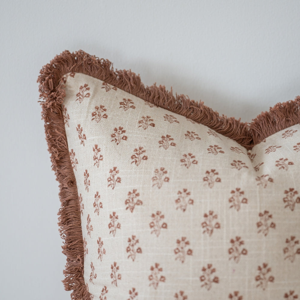 Sadie Dusty Pink Print Fringed Edge Cushion 45cm