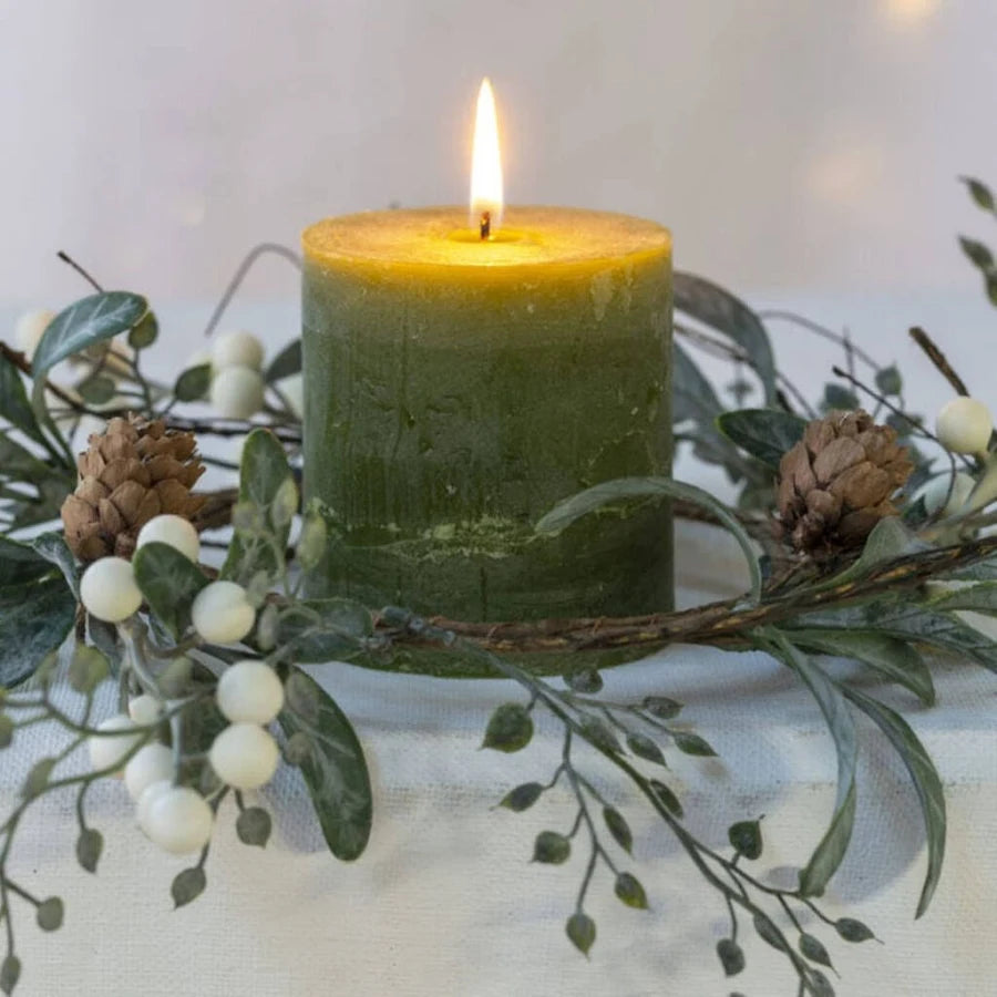 White Berry Candle Ring with Frosted Leaves