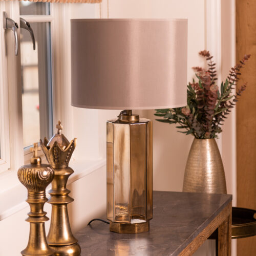 Libra Octaine Octangonal Brown Glass Table Lamp with Taupe Shade