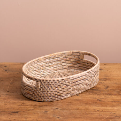 Hand-Woven White Natural Rattan Oval Basket.
