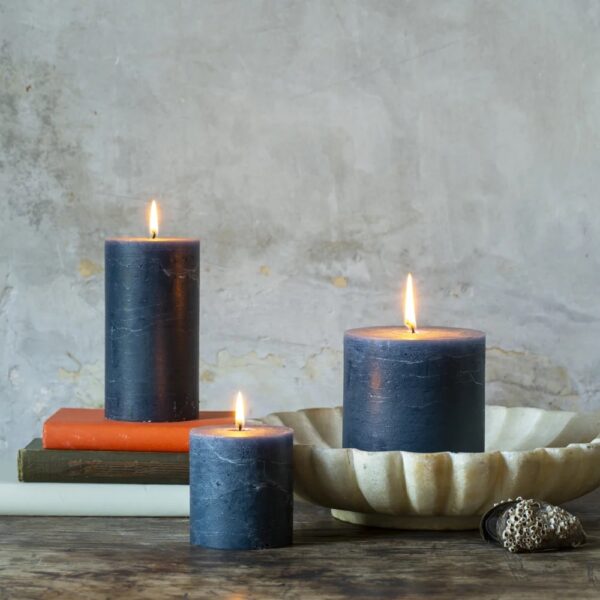 inky blue rustic pillar candle