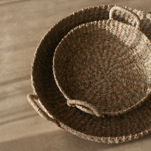 Kuten Set of 2 Round seagrass wide basket with plaited handles