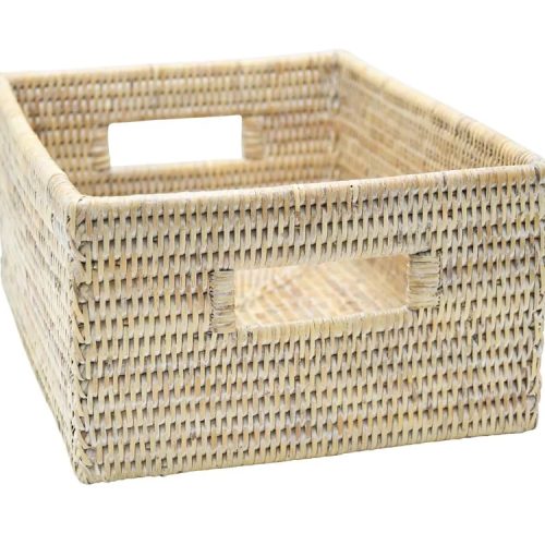 white rattan rectangular basket