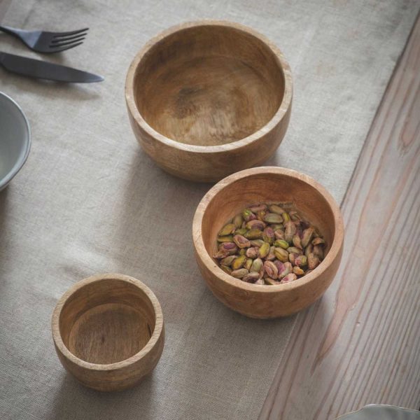 the Midford are designed for dry snacks and sides. The crisps for your dip. The nuts to your olives. The sprinkles on your salads. Made from mango wood with beautiful grained patterns they come as a set of three sizes.